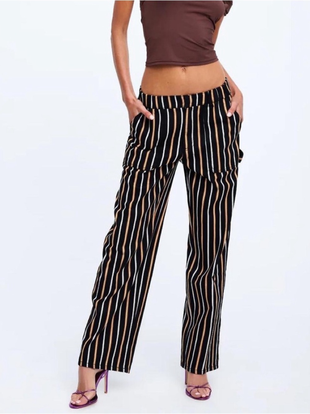 Lioness Striped Black & Tan Wide-Leg Pants